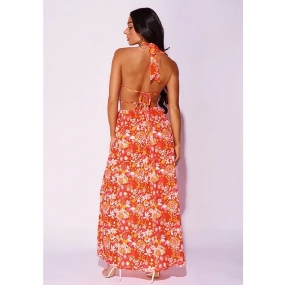 Floral Print Sleeveless V-Neck Halter Neck Backless Front Slit Cutout Maxi Dress - Picture 6 of 14